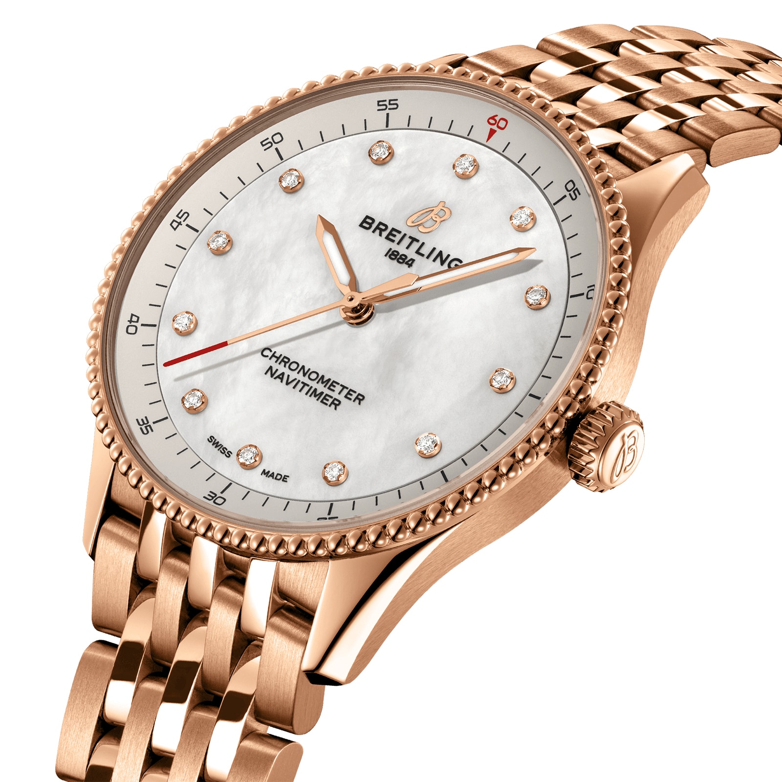 Breitling Navitimer 32mm 18ct Rose Gold Quartz White Dial Replica Watch - Image 3