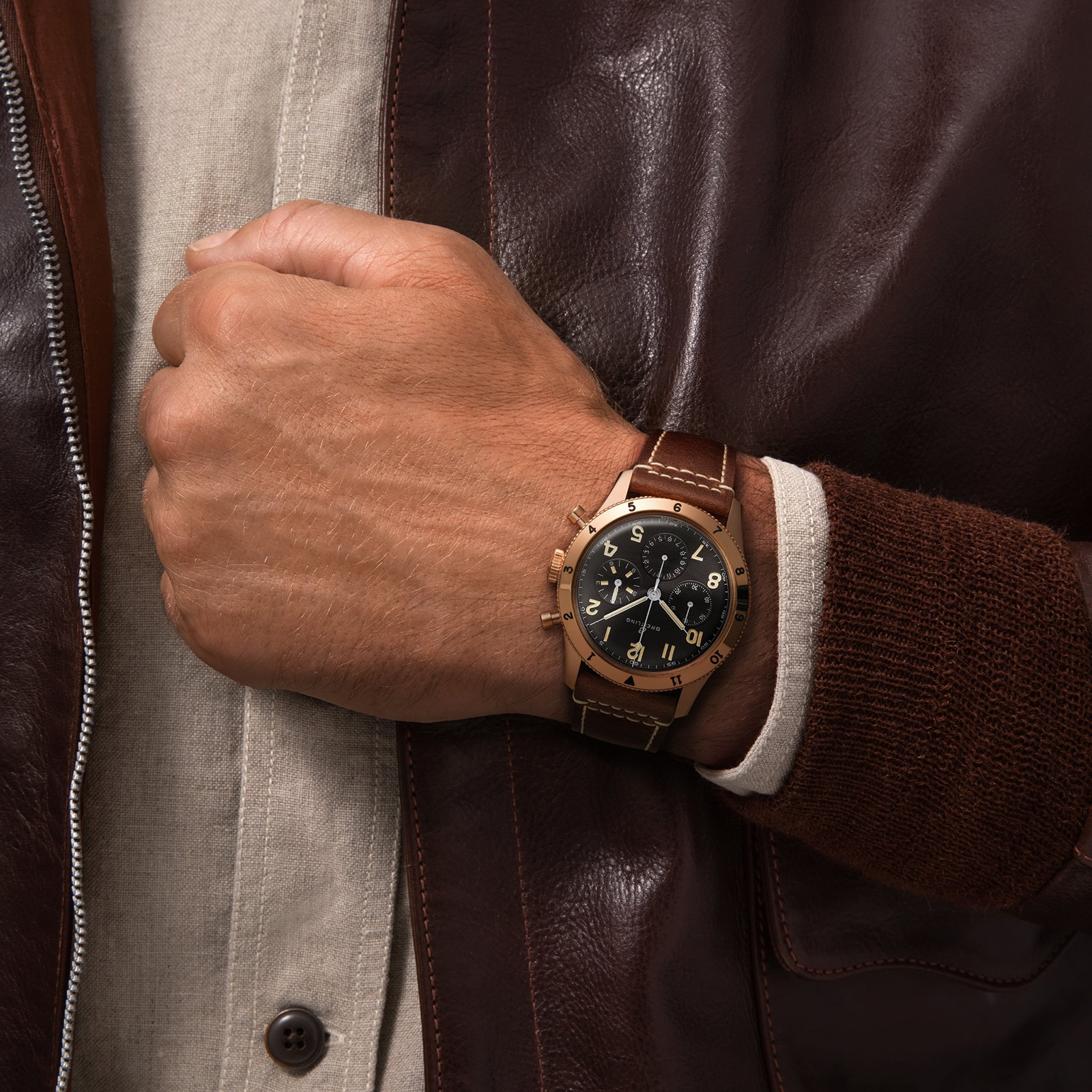 Breitling Aviator 8 41mm 18ct Rose Gold Black Dial Leather Strap | Replica - Image 4