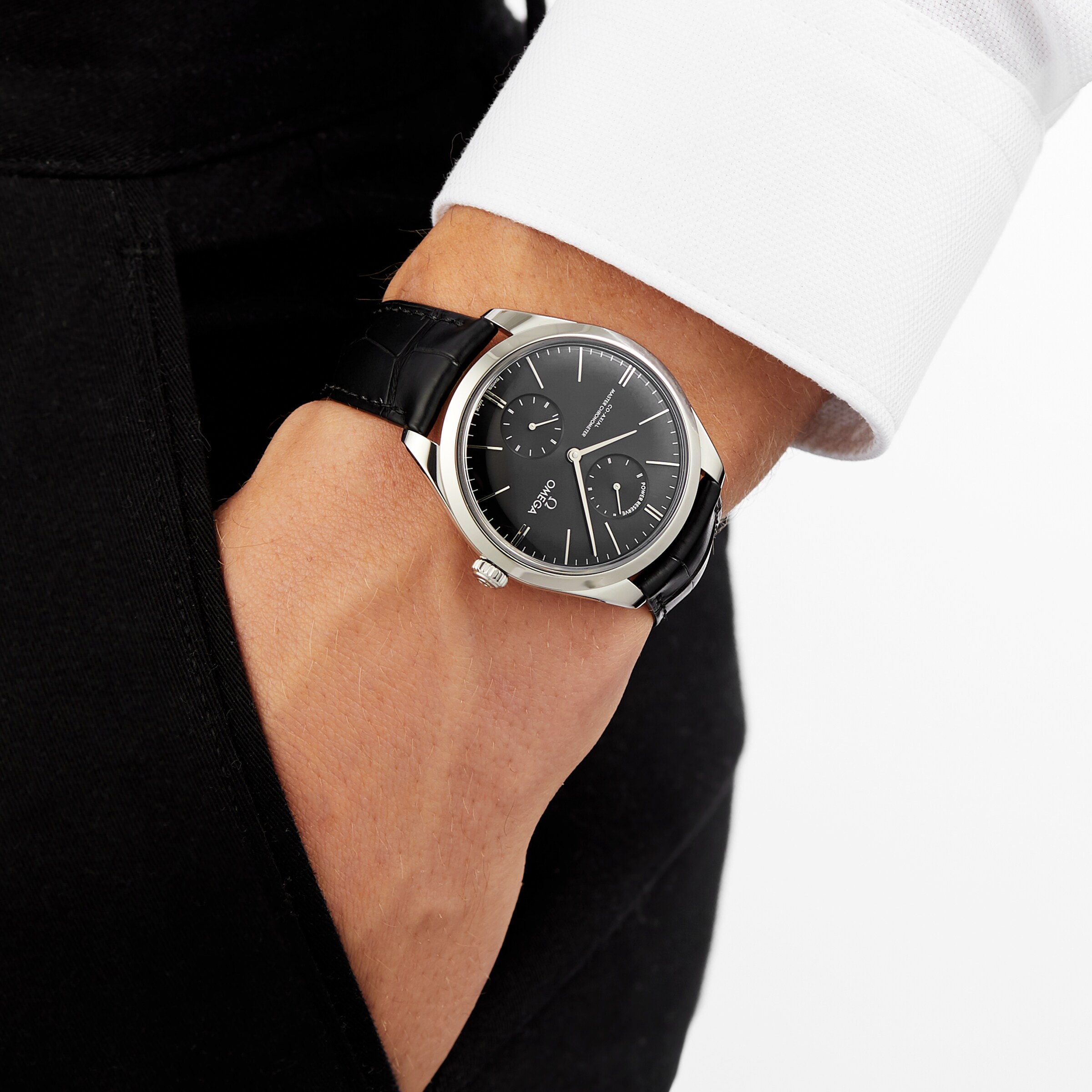 Omega Tresor Stainless Steel Black Replica Watch | 40mm | Alligator Strap - Image 3