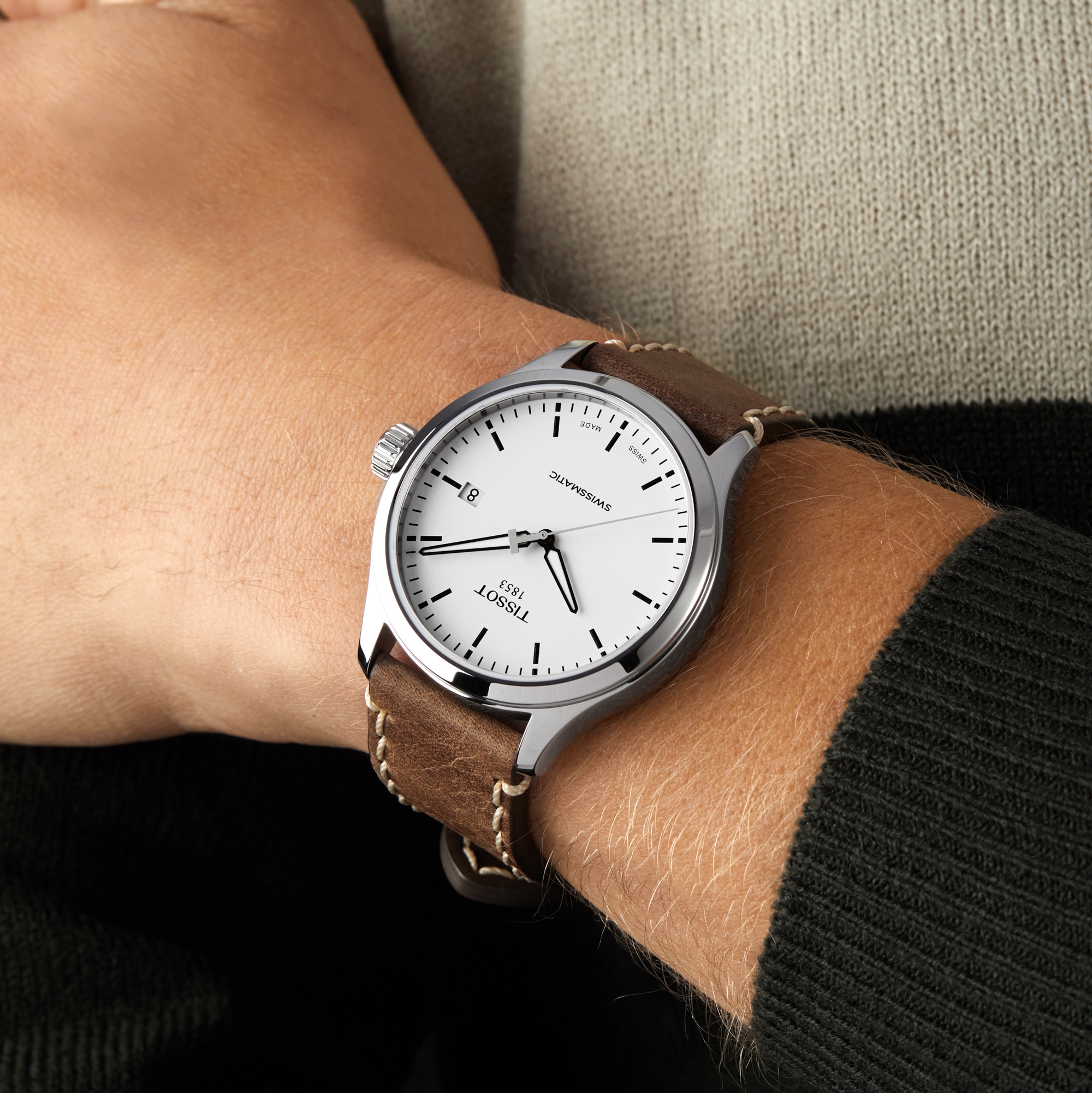 Tissot T-Sport Automatic Watch - 43mm Stainless Steel, White Dial, Leather Strap - Image 4
