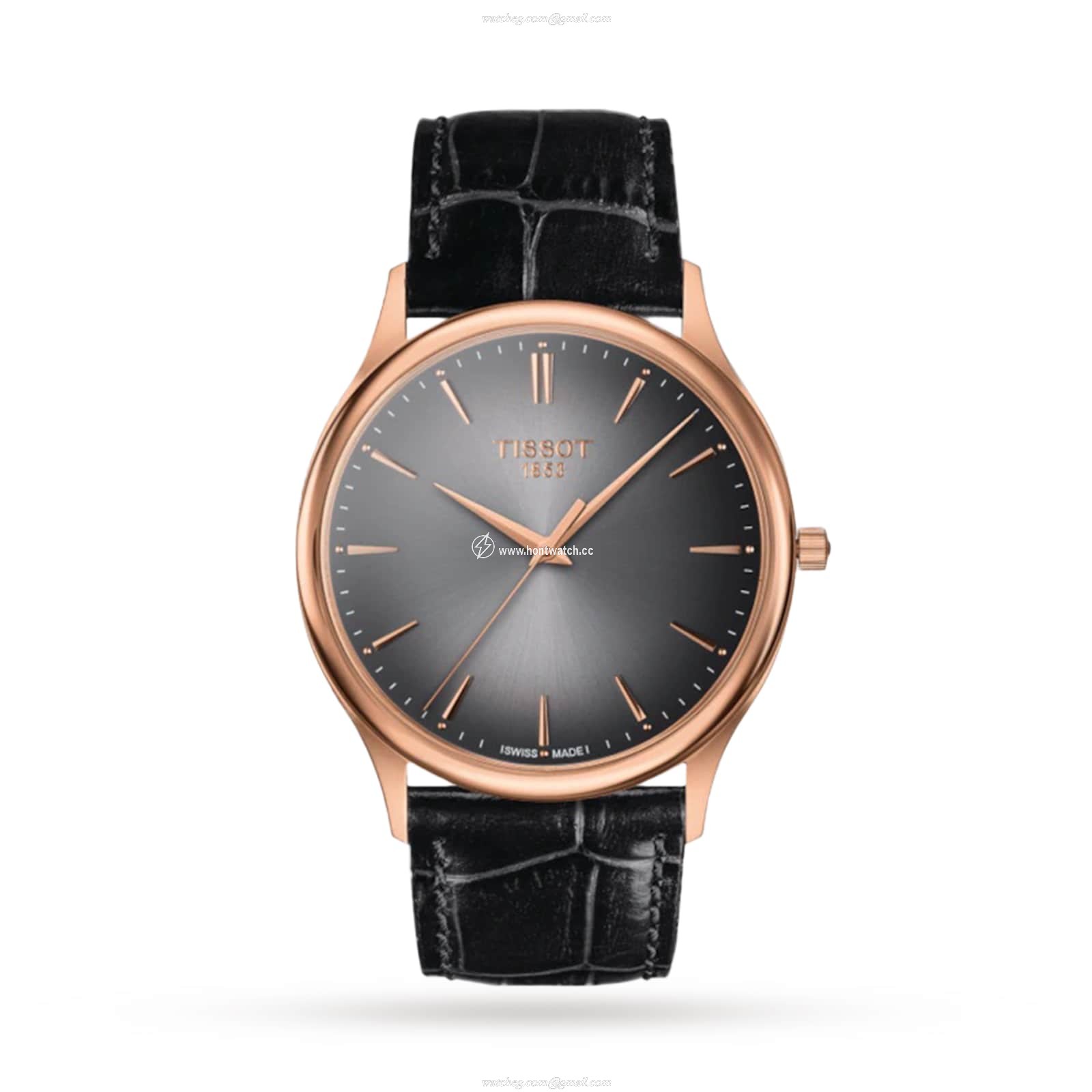 Tissot T-Gold 40mm 18ct Rose Gold Quartz Watch - Black Dial & Calfskin Strap