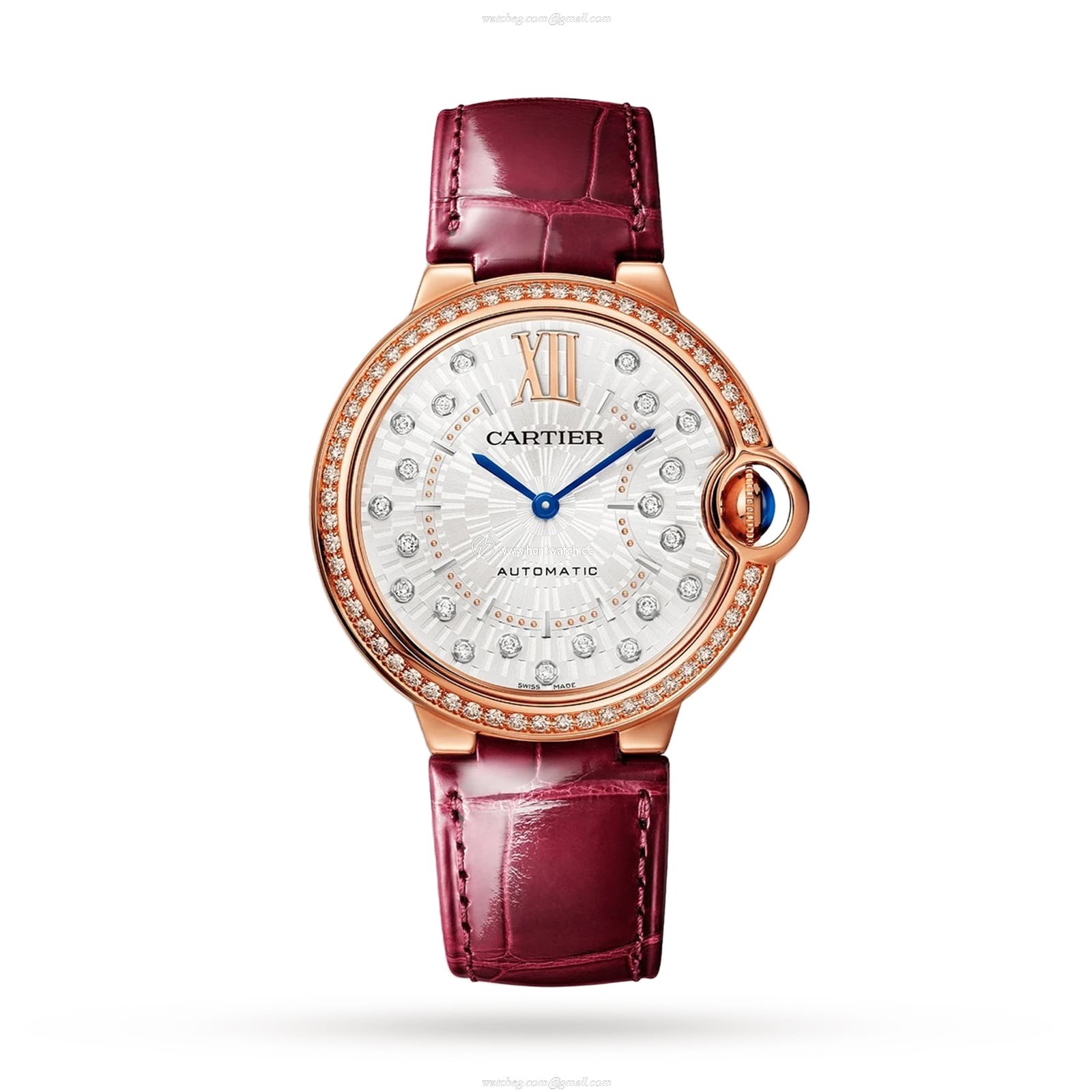 Cartier Ballon Bleu 36mm Rose Gold Automatic Watch - Silver Dial & Diamonds