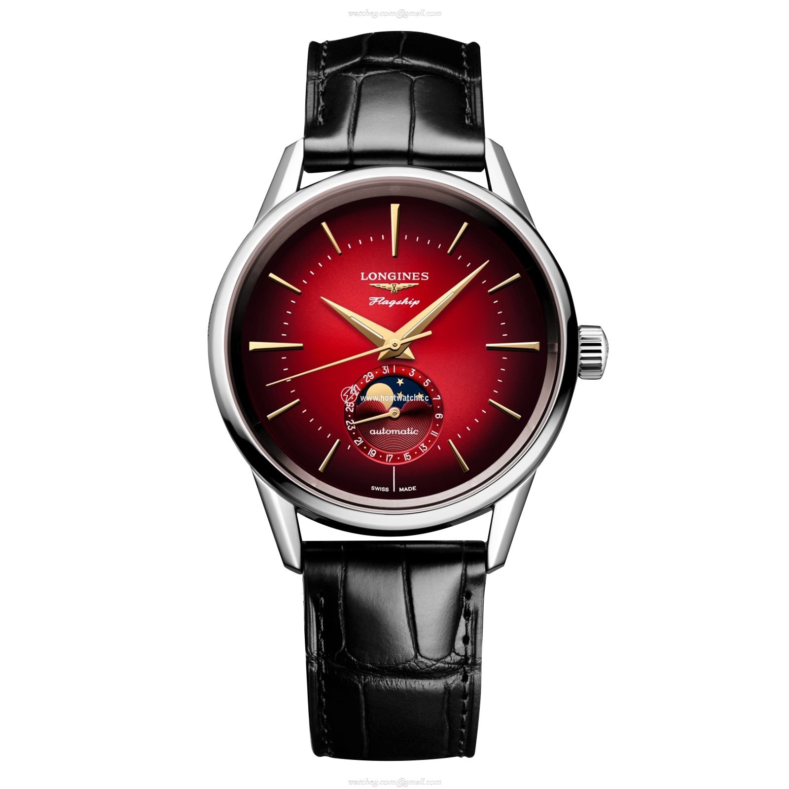 Longines Flagship L48154092 - Automatic Watch - 38.5mm Stainless Steel - Red Dial