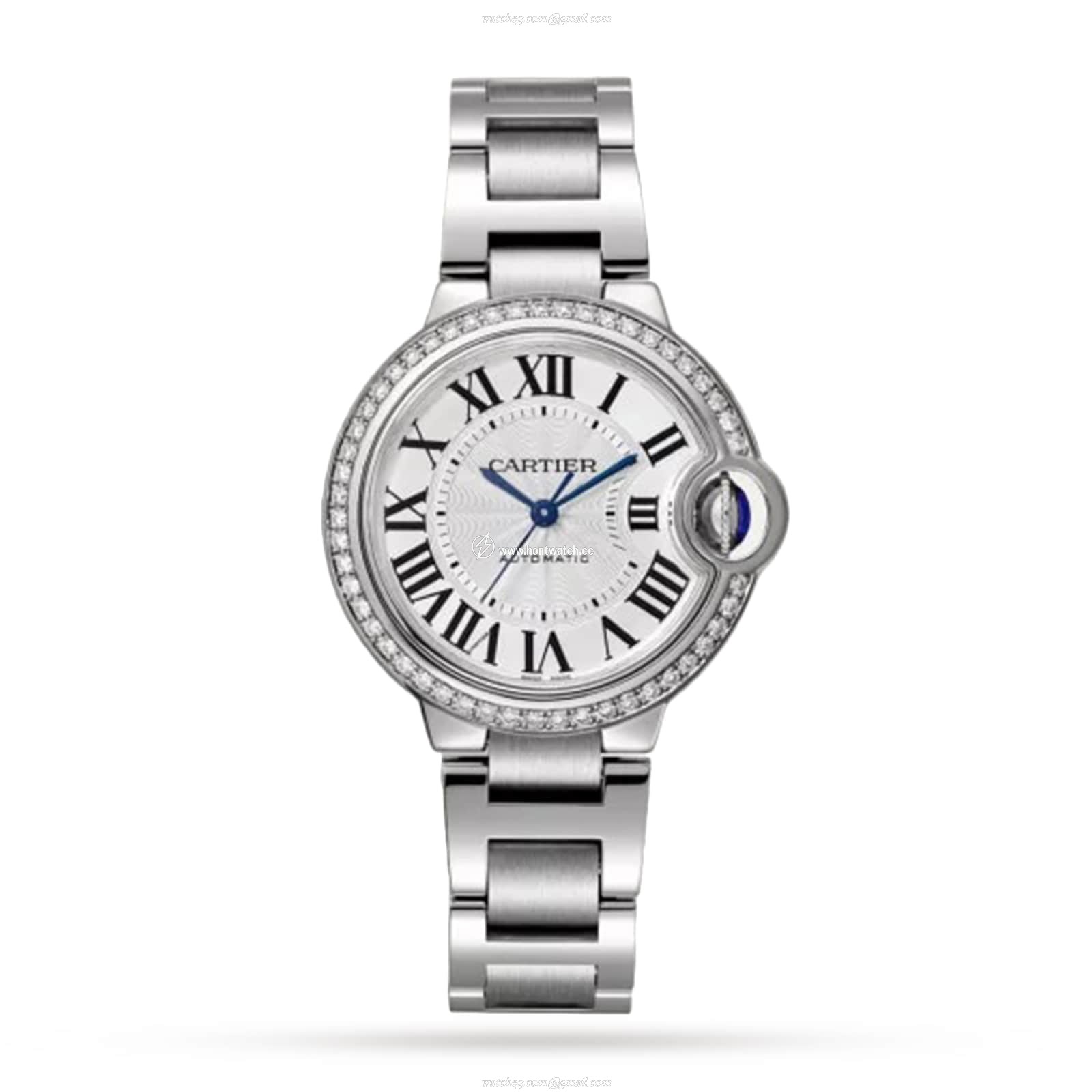 Cartier Ballon Bleu 33mm Steel Automatic Watch - Silver Dial & Diamonds