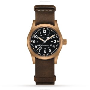 Hamilton Khaki Field Bronze Mechanical Watch - 38mm Black Dial - Leather Strap
